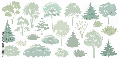 A collection of simplified pale green trees and bushes in varying shapes
