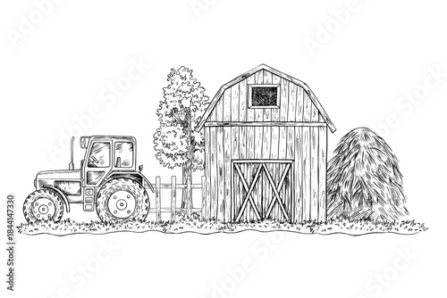 Agricultural landscape. Black and white hand-drawn vector graphics. A barn, a tractor, and a haystack. The concept of the agricultural industry. For banners, labels, postcards, and more.