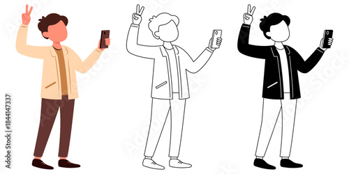 Young man wearing jacket taking selfie with smartphone isolated vector illustration