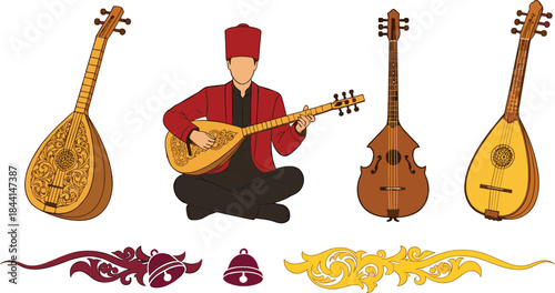 Traditional string musical instrument illustration set with folk musician and decorative ornaments, detailed vector collection for cultural, ethnic and music design projects