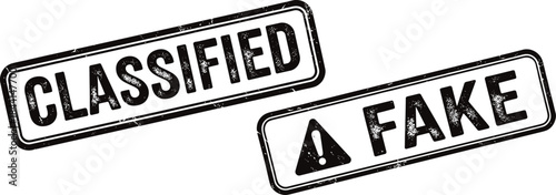 Classified and fake warning stamps set representing information control, secrecy, misinformation, and alert concept.
