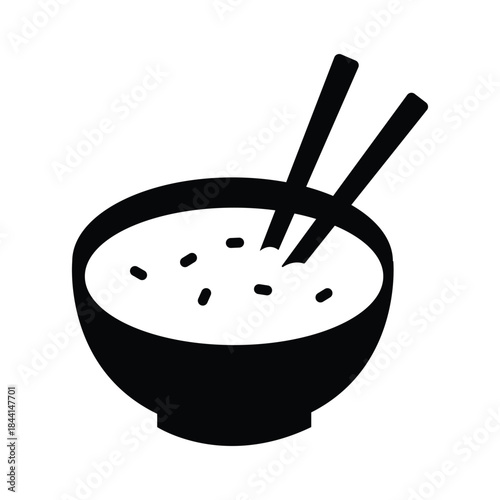 Minimal rice bowl silhouette with chopsticks, black and white vector icon for Asian cuisine, restaurant menus, logos, food branding, meal concepts, isolated on white background.