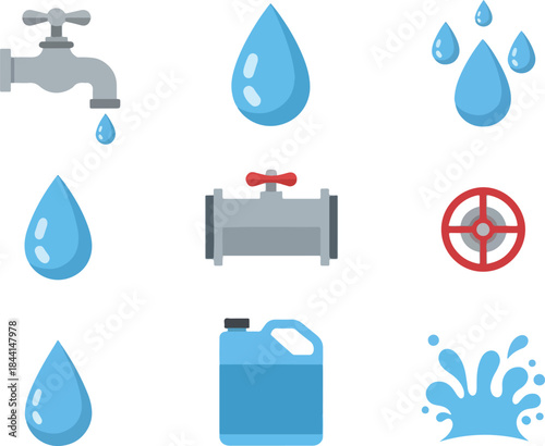 A grid of nine flatdesign icons related to water faucets and plumbing fixtures