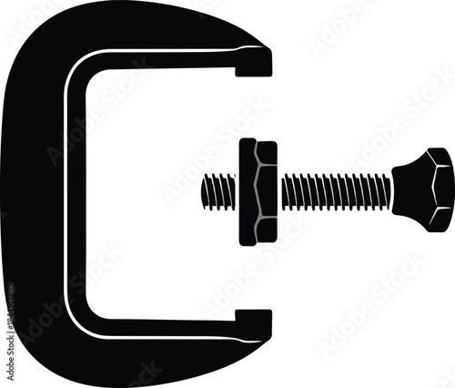 Black and white silhouette of a Cclamp with an exposed threaded screw and nut