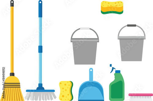 Collection of cleaning tools including brooms buckets sponges dustpan spray bottle and brush