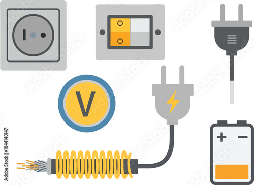 Collection of electrical components including a socket switch plugs voltmeter wire and battery