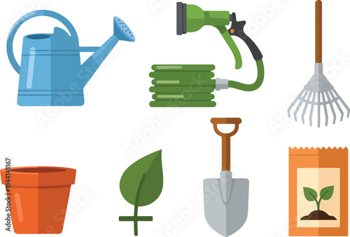 Collection of six gardening tools and supplies on a white background