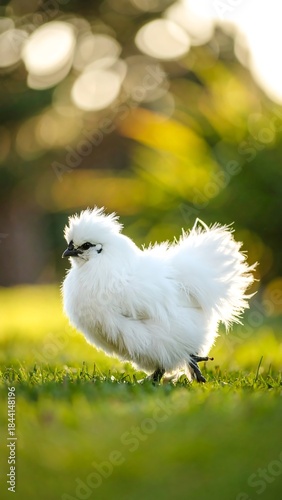 A fluffy, white, silkie chicken walks on vibrant green grass under a warm, out-of-focus, golden background, bathed in sunlight