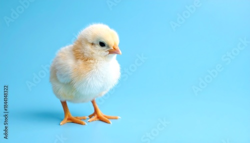 A fluffy yellow chick stands facing left on a bright blue background. It's a studio shot, showcasing the bird's soft feathers