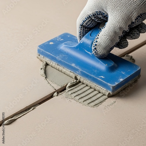 Wallpaper Mural Gloved worker sealing tile gaps, employing a blue rubber grout float tool Torontodigital.ca