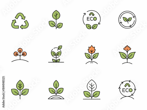 Eco-Friendly Symbols: An array of sustainable icons, illustrating themes of recycling and environmental preservation, designed to communicate eco-consciousness and promote a greener world.