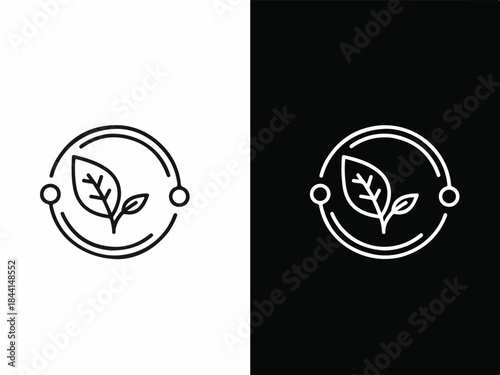 Green Living Symbol: A minimalist line-art logo featuring a single leaf within a circular design, embodying the essence of environmental consciousness and sustainable living.
