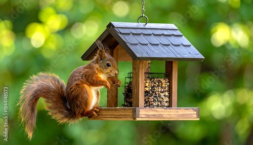 A fluffy-tailed, reddish-brown rodent enjoys a snack from a small wooden bird feeder. Soft, out-of-focus greenery frames the scene