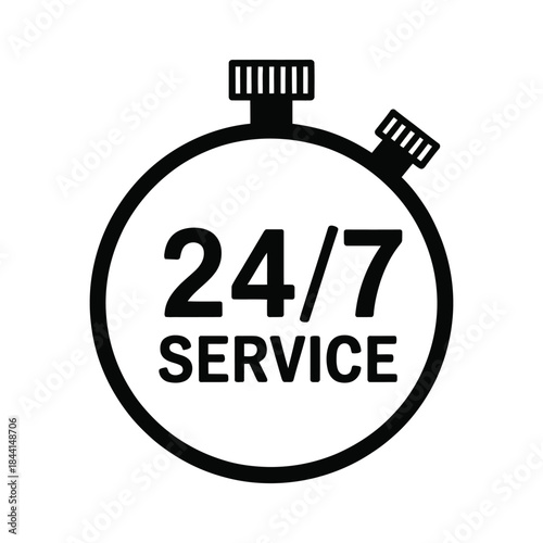 24/7 Service Stopwatch Black Icon - Round-the-Clock Support Symbol