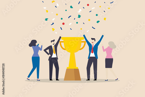 Celebrating success a team of professionals raising a golden trophy together