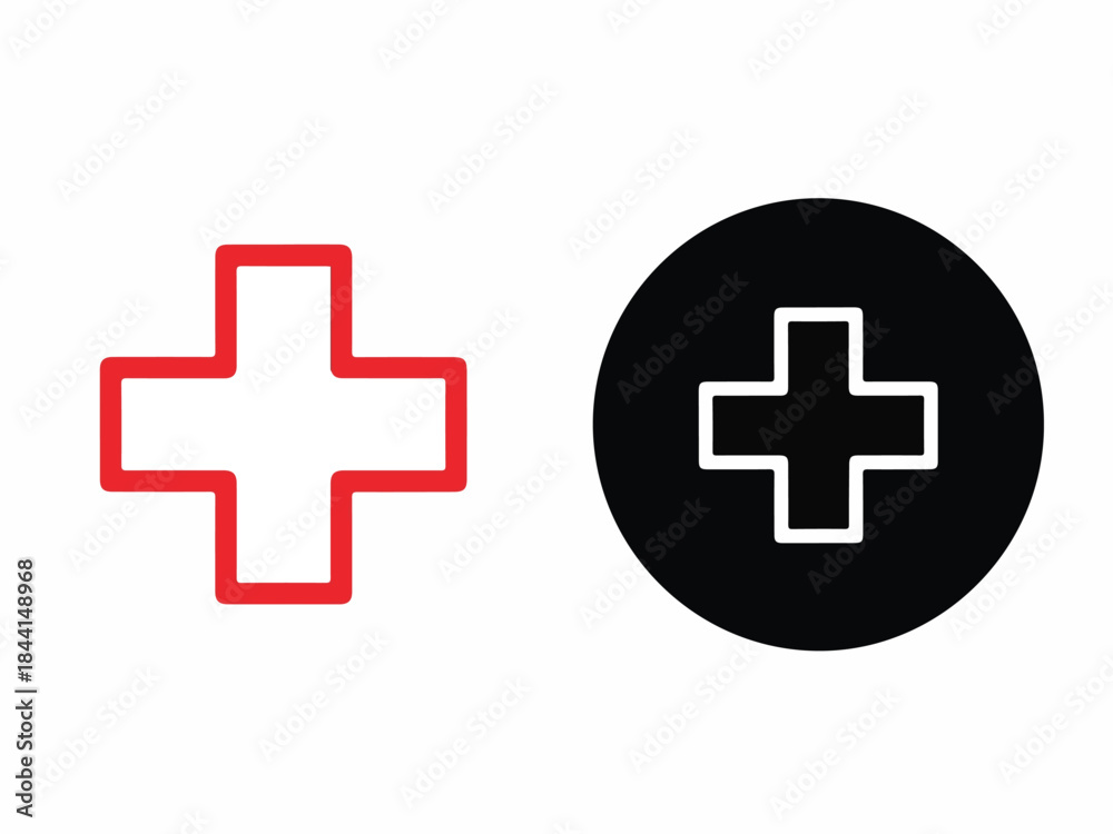 Fototapeta premium Healthcare Icon Variations: A pair of striking healthcare symbols. a bold red cross, along with a modern black circle cross sign, represent medical aid and essential services. 
