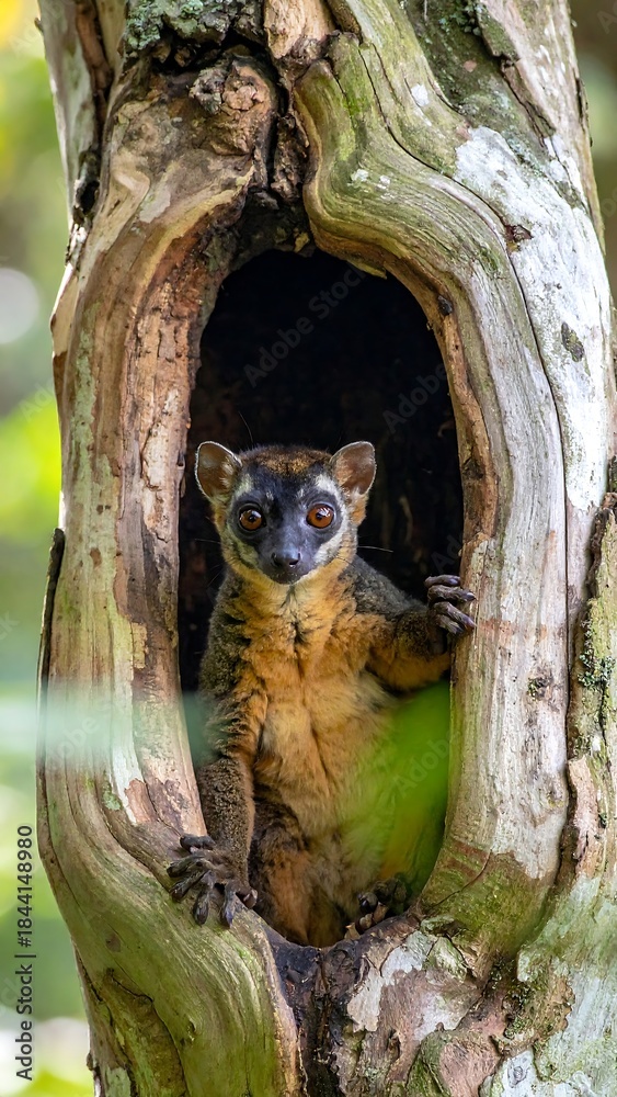 Naklejka premium A curious lemur peers out from a tree cavity, with brown and gray fur, surrounded by natural wood and green foliage