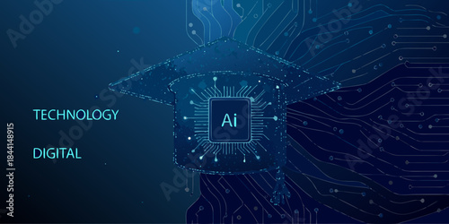 Artificial intelligence graduation cap with digital circuit board background technology
