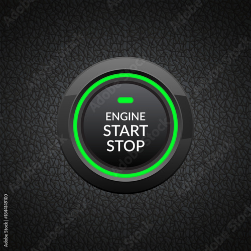 Close up of a car engine start stop button on textured background with green light glowing. Editable EPS 10 vector graphic illustration