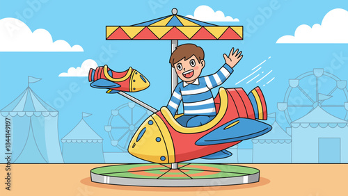 Happy boy on carousel airplane ride at an amusement park flat vector