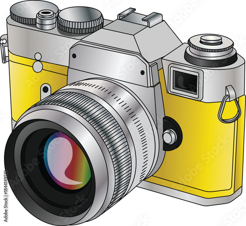 Illustration of a yellow and silver vintage photo camera. Old camera vector illustration. 