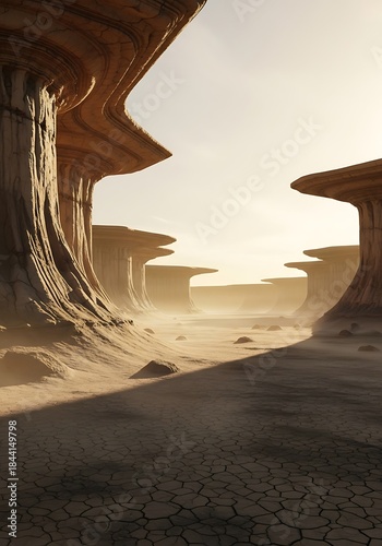 Wallpaper Mural Majestic sandstone cliffs and a cracked desert floor in a hazy landscape Torontodigital.ca