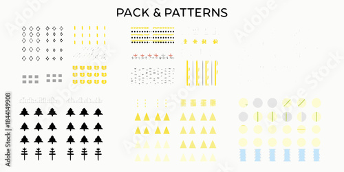 Abstract arrangements of geometric shapes and patterns in varying colors and styles