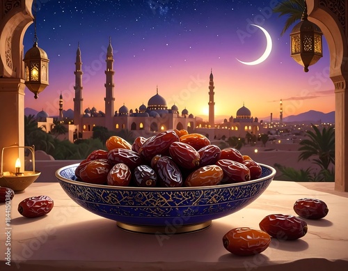 Wallpaper Mural Dates in a decorative bowl with a sunset and a city skyline Torontodigital.ca