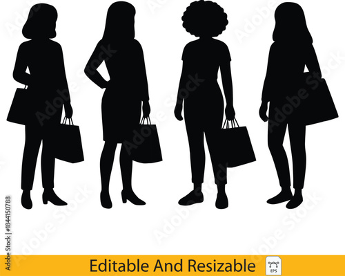 Stylish Collection of Diverse Female Shoppers with Bags, Presented as Modern Silhouette Vectors for Retail, Consumer Lifestyle, and Fashion Concepts