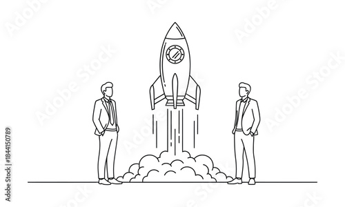 Businessmen standing next to launching rocket, representing startup