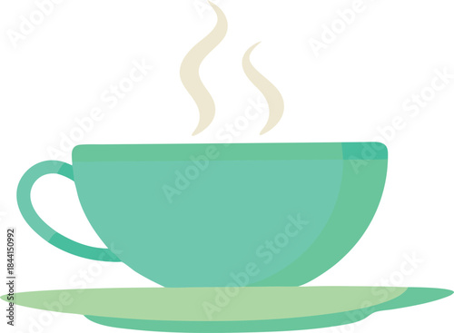 Teal coffee cup with steam on a matching saucer