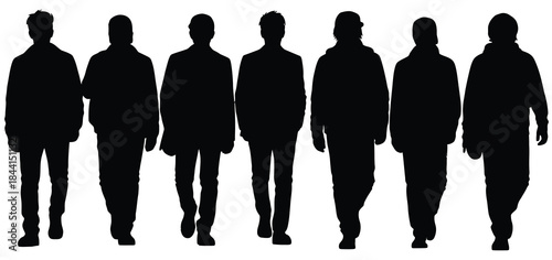 Black silhouettes of seven men walking in a row against white background group people