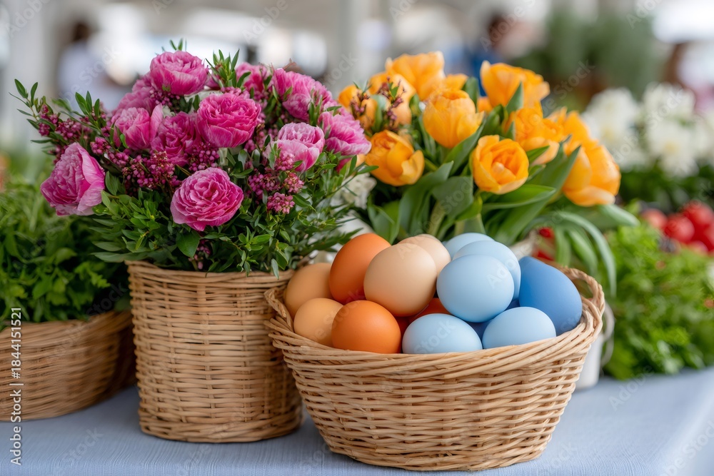 Obraz premium Easter eggs and spring flowers in market basket