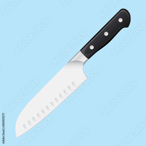 A stainless steel japanese chef santoku knife with black handle. Editable EPS 10 vector graphic illustration isolated on light blue background.