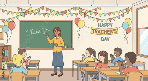 A classroom illustration featuring a teacher and students celebrating Teacher's Day with balloons