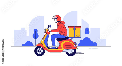 A vibrant illustration of a delivery service, featuring a scooter rider in a modern cityscape