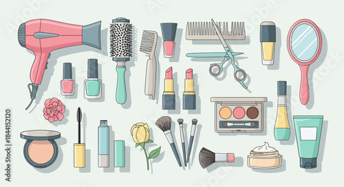 Aesthetic illustration displaying a diverse array of beauty and cosmetic products carefully arranged