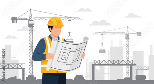 Architect reviewing construction blueprint on building site with cranes in background
