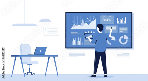 Business Presentation with Data Analysis and Digital Tools in a Modern Office Setting