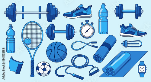 Blue-themed fitness and sports equipment illustration showcasing a healthy lifestyle and exercise