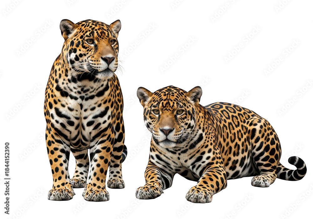 Obraz premium Two Jaguars Posing Together on transparent Background, Wildlife Photography of Big Cats