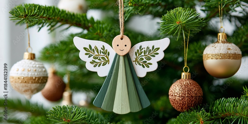 Fototapeta premium Wooden angel decoration hanging on christmas tree