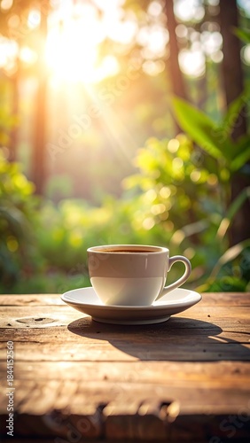 A cup of coffee on a wooden table, with a blurred natural green backdrop and bright sunlight streaming through the trees