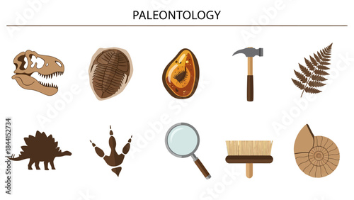 Paleontology icons depicting fossils tools and prehistoric life forms