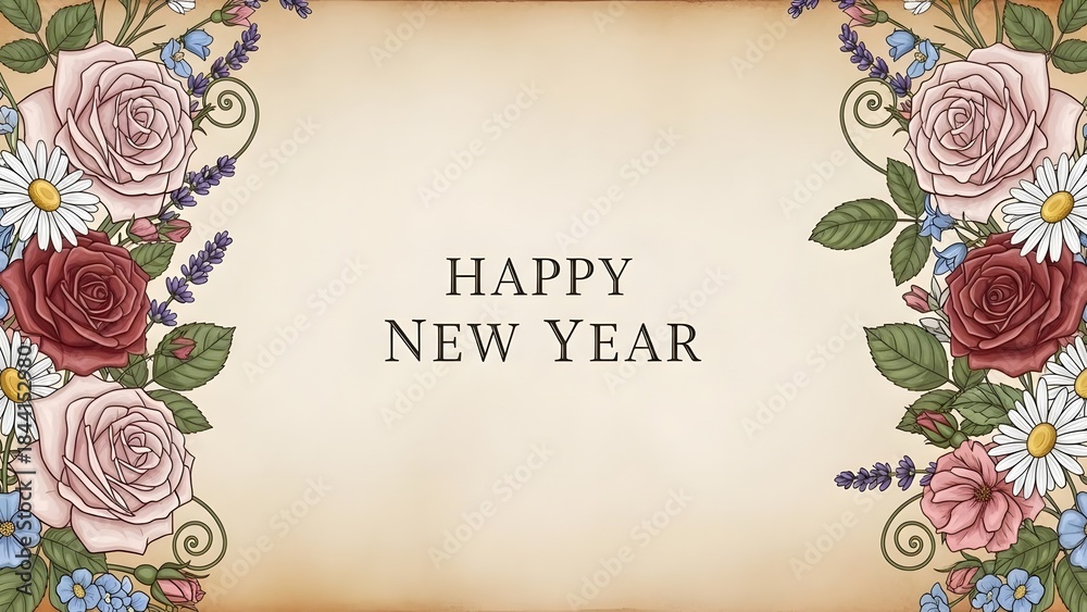Naklejka premium Floral new year greeting with roses daisies and copy space design