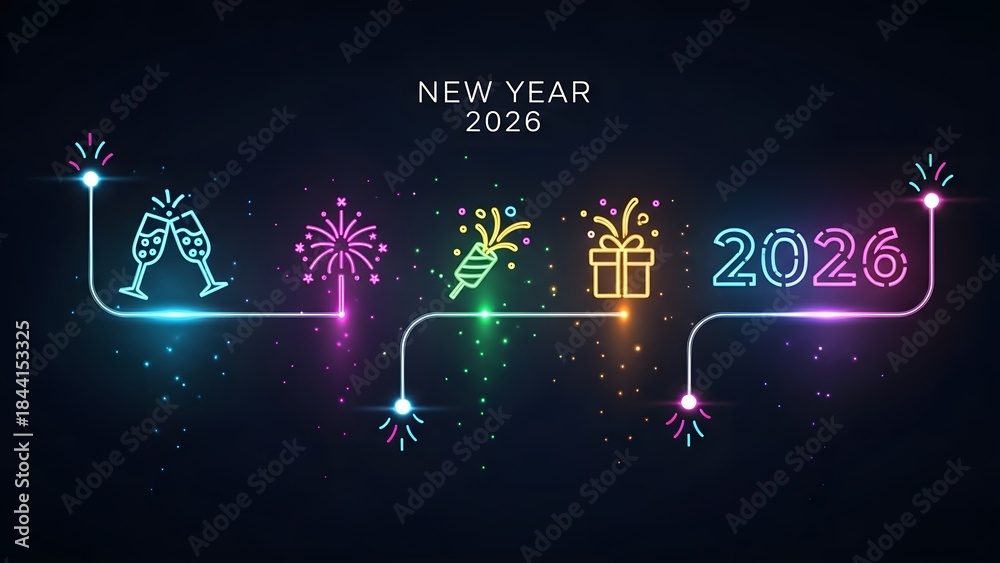Obraz premium Neon new year 2026 illustration with festive decorations and fireworks