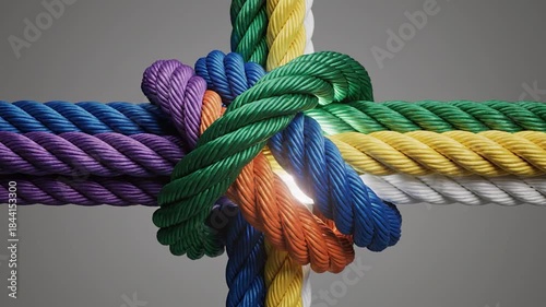 Colorful ropes knotted together representing strength connection teamwork unity and support