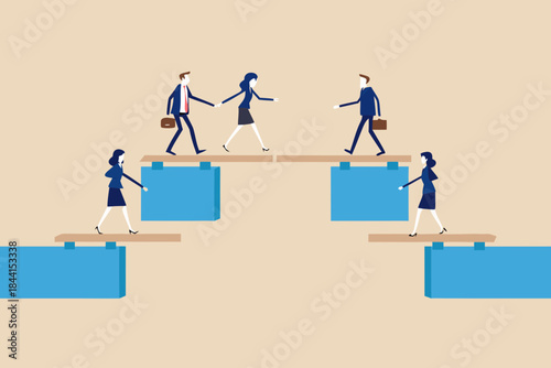 Business people walking on stepping stones symbolizing teamwork and strategic progress