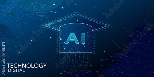 Artificial intelligence graduation cap with digital circuit lines and technology background
