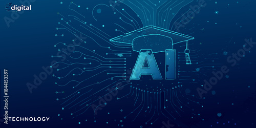 Artificial intelligence graduation cap with circuit board background representing digital learning